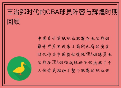 王治郅时代的CBA球员阵容与辉煌时期回顾